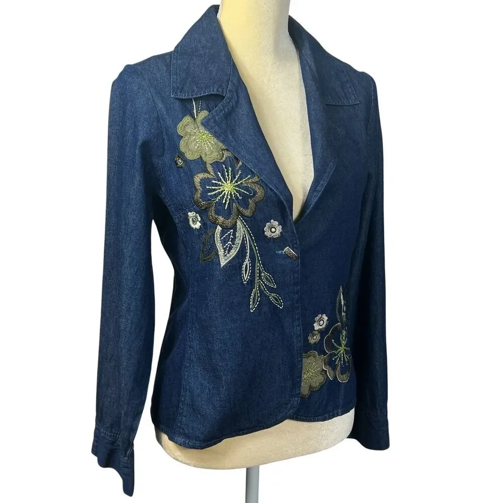 Tantrums Women's PS Blue Denim Floral Embroidered Beaded Blazer Jacket Cotton - Picture 5 of 14